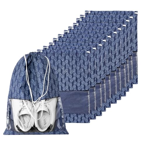 Homestrap Set of 12 Printed Drawstring Non Woven Shoe Bag/Organiser/Pouch with Transparent Window(Navy Blue)