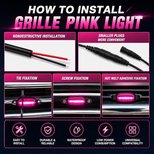 Image of Car Front Grill Set of 4 Pcs Universal Smoked Shell Style DRL Emergency Warning Off-Roading Lights (4 X 4) for All Cars, Vans, SUV, Trucks (Pink)