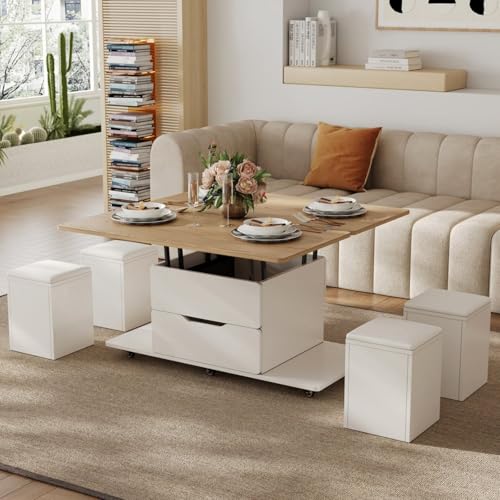 Homary Couchtisch Höhenverstellbar,Wohnzimmertisch mit Schublade,3-in-1-Multifunktions-Couchtisch Umwandelbar Wohnzimmer-Esstisch Arbeitstisch (Weiß & Natur)