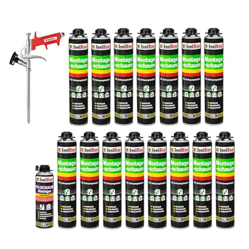 Isolbau Kit de mousse de construction - Comprend 15 x mousse de montage B2 1K avec un excellent son et une isolation thermique (750 ml chacune), 1 nettoyant pour mousse PU (500 ml) et 1 pistolet à