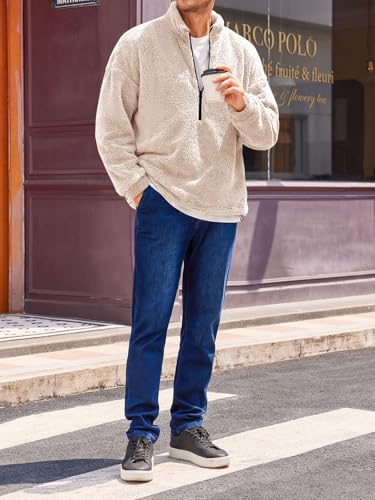 Runcati Mens Fuzzy Sherpa Sweatshirt Quarter Zip Pullover Long Sleeve Winter Fall Fleece Outwear4