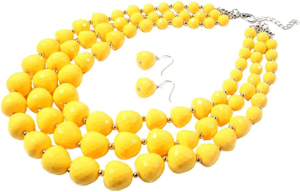 Multi Layered Chunky Beaded Strand Statement Necklace Earrings Set for Women Resin Acrylic Beads Adjustable Chain Bib Choker Necklaces Drop Dangle Hook Hoops Earring Blod Boho Jewelry Summer Accessory