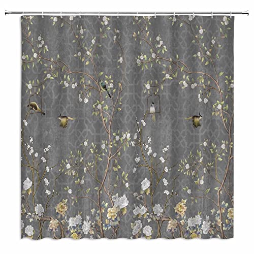 Ysatnsft Flower Bird Shower Curtain Gray Floral Branch Blooming Peony Traditional Asian Oriental Style Spring Nature Garden Scenery Fabric Bathroom Decor Set Include Hooks,(70" Wx70 H) #TOP7