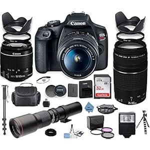 Canon EOS Rebel 2000D DSLR Camera with 18-55mm is II Lens Bundle + Canon EF 75-300mm f/4-5.6 III Lens and 500mm Preset Lens + 32GB Memory + Filters + Monopod + TOP KNOTCH Cloth (Renewed)