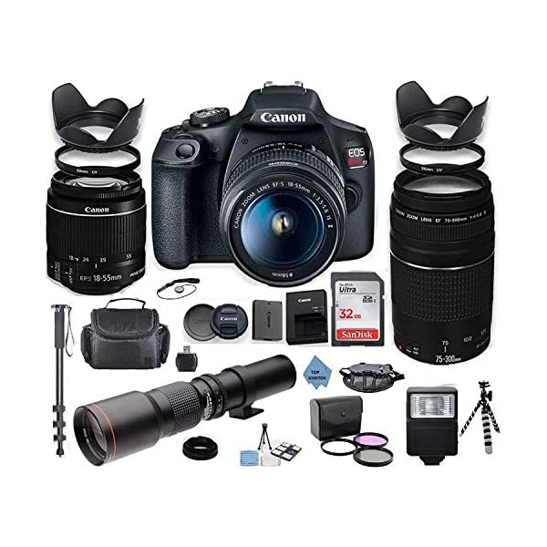 Canon EOS Rebel 2000D DSLR Camera with 18-55mm is II Lens Bundle + Canon EF 75-300mm f/4-5.6 III Lens and 500mm Preset Lens + 32GB Memory + Filters + Monopod + TOP KNOTCH Cloth (Renewed)