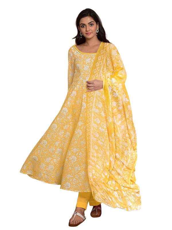 Pinkmint Women Cotton Blend Anarkali Floral Printed Kurta With Pant & Dupatta Yellow
