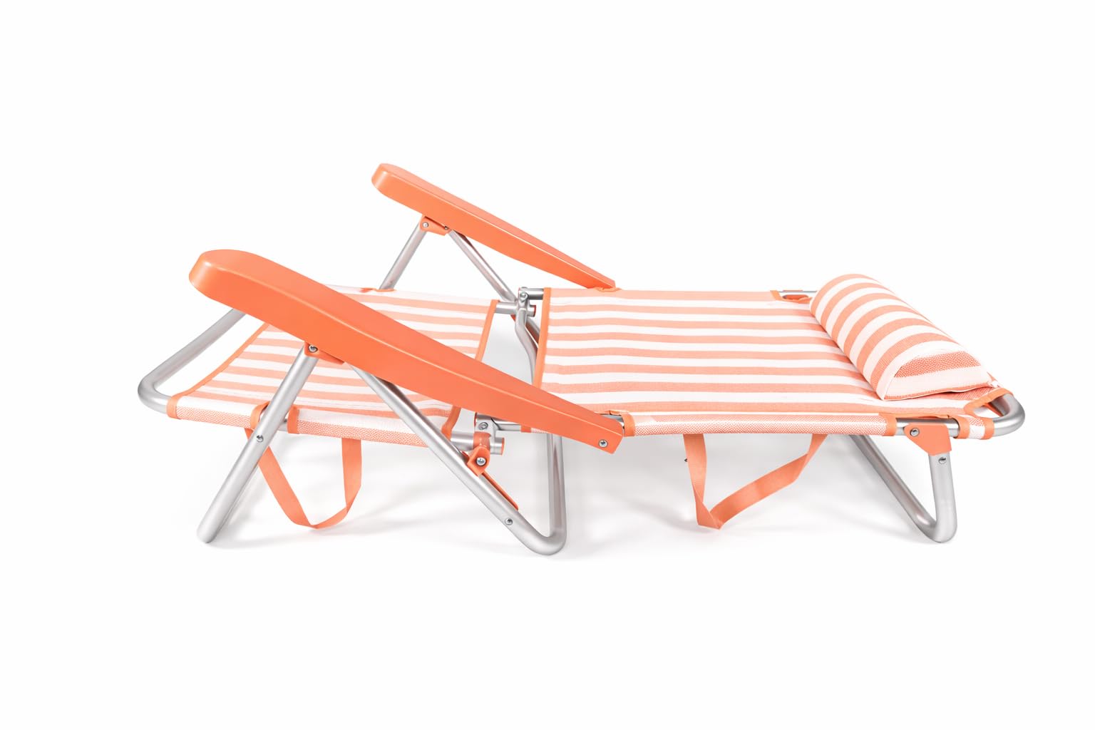 Creaciones Llopis ARW Silla Baja Plegable de Aluminio con Cojín Reposacabezas, Reclinable Convertible en Tumbona 114 cm, Color Rayas Naranja, 80x66x48,5 cm, Soporta hasta 100 kg