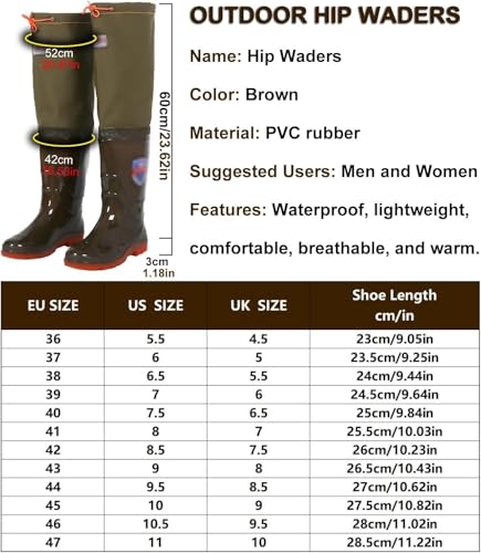 Outdoor Hip Waders for Men Women, Waterproof Insulated Fishing BootfootWader, Wading Boots with Cleated Outsole (9.5)3