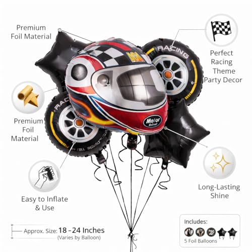 Image of Wanna Party Motor Racing Theme Balloon Set (Pack of 5) with Racing Helmet & Wheel Design Foil Balloons, Car Racing Birthday Decoration Kit for Boys Kids Party Supplies