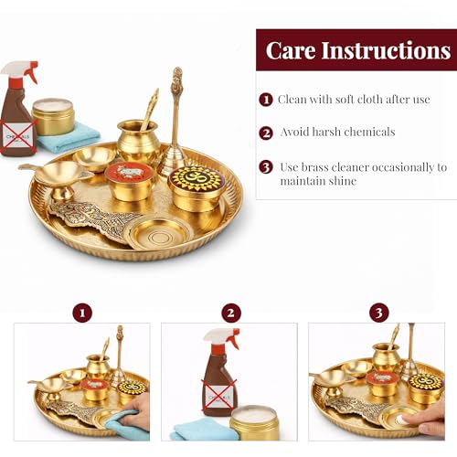 Image of Traditional Brass Puja Thali Set for Mandir & Festivals | Brass Aarti Thali Plate for Bhog, Diya & Pooja Rituals | Ideal for Diwali Navratri Karwa Chauth Home Temple Decor (Set of 9)