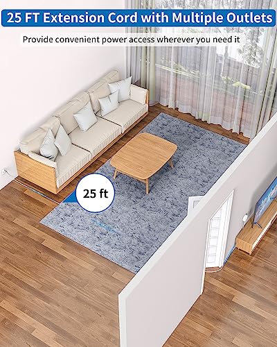 Flat Extension Cord 25 ft, NTONPOWER Flat Plug Power Strip with 3 Outlets 4 USB Ports(2 USB C), Ultra Thin Extension Cord Under Carpet, Mountable, Long Outlet Extender for Indoor Home Office Room - Thumbnail 2