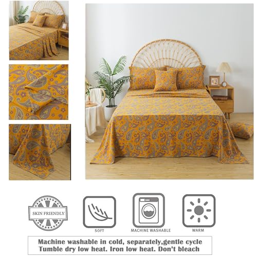 Image of FADFAY Paisley Sheets Set King Vintage Yellow Grey Floral Bedding Shabby Farmhouse Bedding Super Soft Washed Double -Layer Muslin Sheets Luxury 100% Cotton Deep Pocket Fitted Sheet 4Pcs, King Size