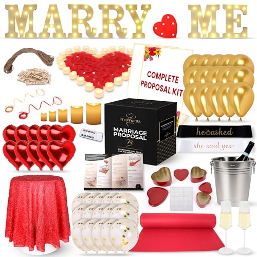 Super Complete - Marriage Proposal Kit All-in-One Engagement Decorations Set with LED Marquee MARRY ME Letters Petals Flameless Candles Carpet Champagne Glasses Setup Brochure & More