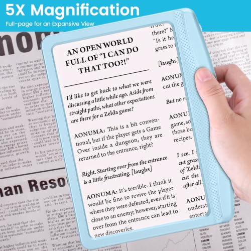 Image of Rechargeable 5X Magnifying Glass for Reading, Large Bright Full Page Magnifier with Light, Handheld LED Dimmable Lighted, Lightweight Book Magnifier for Reading Seniors, Light-Blue