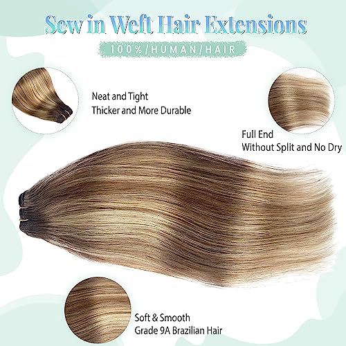 Image of Weft Hair Extensions Human Hair,24 Inch 120G Sew in Hair Extensions Real Human Hair Bundles Natural Black and Blonde Highlights Hair Extensions Real Human Hair Weft Extensions Weave Bundles for Women