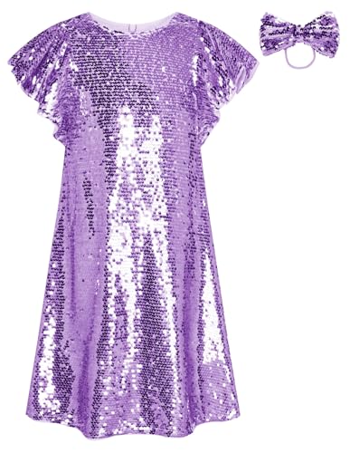GRACE KARIN Girls Flutter Sleeve Sequin Dresses Kids Crew Neck Sparkly Fancy Formal Party Dress with Hairbow 5-12 Years