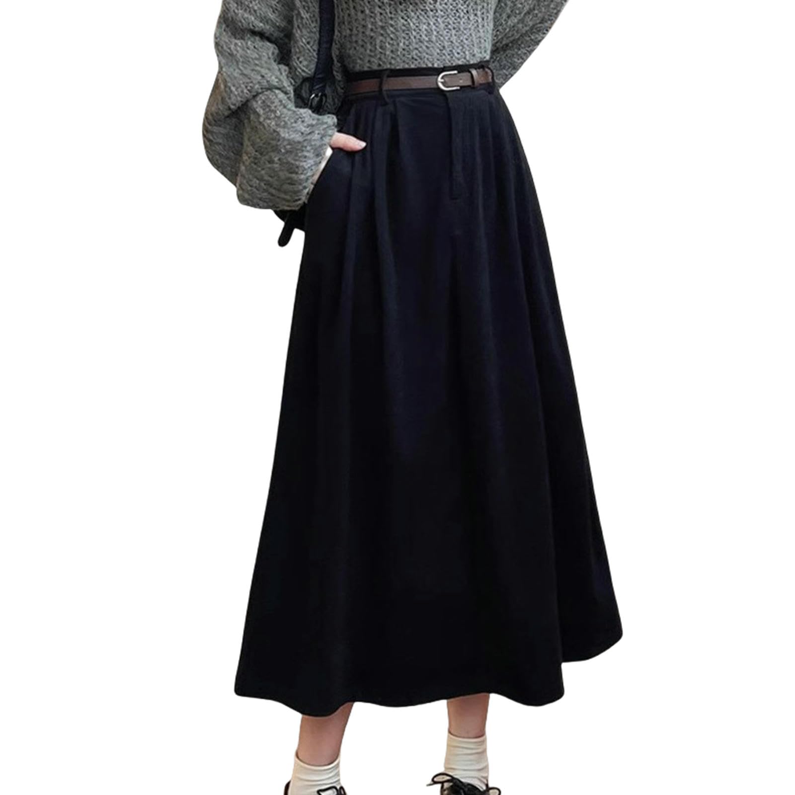 Röcke Cordrock Für Frauen Herbst Und Winter Neuer Hoher Taille Langer Retro-hip-hip-bedeckender A-line-Rock Mit Gürtel-schwarz-s