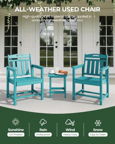 Image of Set of 2 Weatherproof Patio Chairs - HDPE Outdoor Dining Chairs with Wide Seat, Ergonomic Design - for Garden, Backyard, Deck - Lake Blue