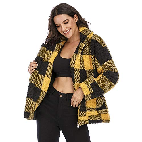 Women\'s Fuzzy Fleece Sherpa Plaid Faux Fur Jacket Zipper Warm Winter Shearling Oversized Outwear Coat (Yellow,M)