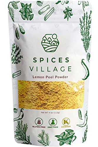 SPICES VILLAGE Lemon Peel Powder (4 Oz) - Natural Dried Purely Ground Citrus Fruit Zest, Dry Lime Powder for Baking Cooking and Herb Tea - Certified Kosher, Gluten Free, Non GMO, Vegan, Resealable Bag