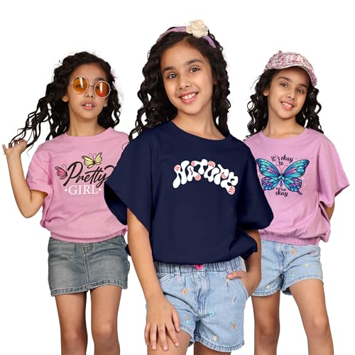 Image of KYDA KIDS 100% Cotton Crop top for Girls - Printed Half Sleeve Stylish Tshirt, Regular Fit Tops for Girls - (Pack of 3)