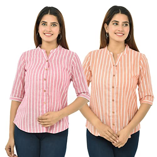 Image of Women /Girls Cotton Stripe Regular Fit Shirts Pack of 2