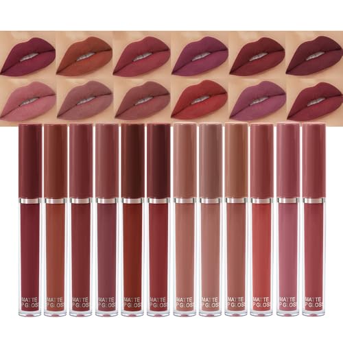 Image of evpct 12Pcs Matte Liquid Lipstick Set, Plum Mauve Maroon Wine Burgundy Red Waterproof Long Lasting Lipstick for Women,Lip Stain Lip Gloss Set Lip kit, 24 Hours Original Smudge Proof labial
