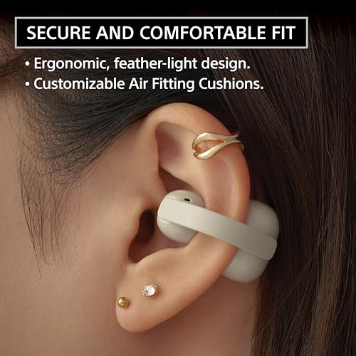 Image of Sony LinkBuds Clip Open-Ear Truly Wireless Earbuds, Comfortable & Secure Fit, Lightweight Clip-On Design, Touch Controls, Ambient Sound Awareness, Water Resistant, Up to 37 Hrs of Playback, Greige | Open-Ear Clip-on Design, Air Fitting Cushions for Secure, All-Day Comfort, Tap-to-Switch 3 Listening Modes