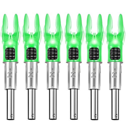 DEEPOWER X Lighted Nocks for Arrows .204”/.233”/.244”/.246” with ON/Off Switch 6-Pack with H, S, GT Bushings (Green-6Pack)