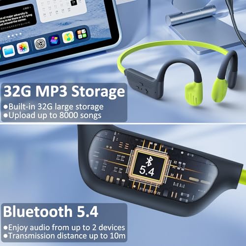Image of Swimming Headphones, IP68 Waterproof Bone Conduction Headphones, Bluetooth 6.0&MP3 with32GB Memory Card, Skin Open Ear Swim Earbuds with Adjustable Headband for Swim Cap /Hat, Magnetic Charging(Green)