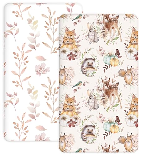 Image of Pack and Play Sheets 2 Pack, Fitted Jersey Knit Mini Crib Sheets for Baby Boys and Girls, Compatible with Graco Pack N Play and Mini Crib Mattress (Forest Friends, Pack N Play /Mini Crib Sheets)
