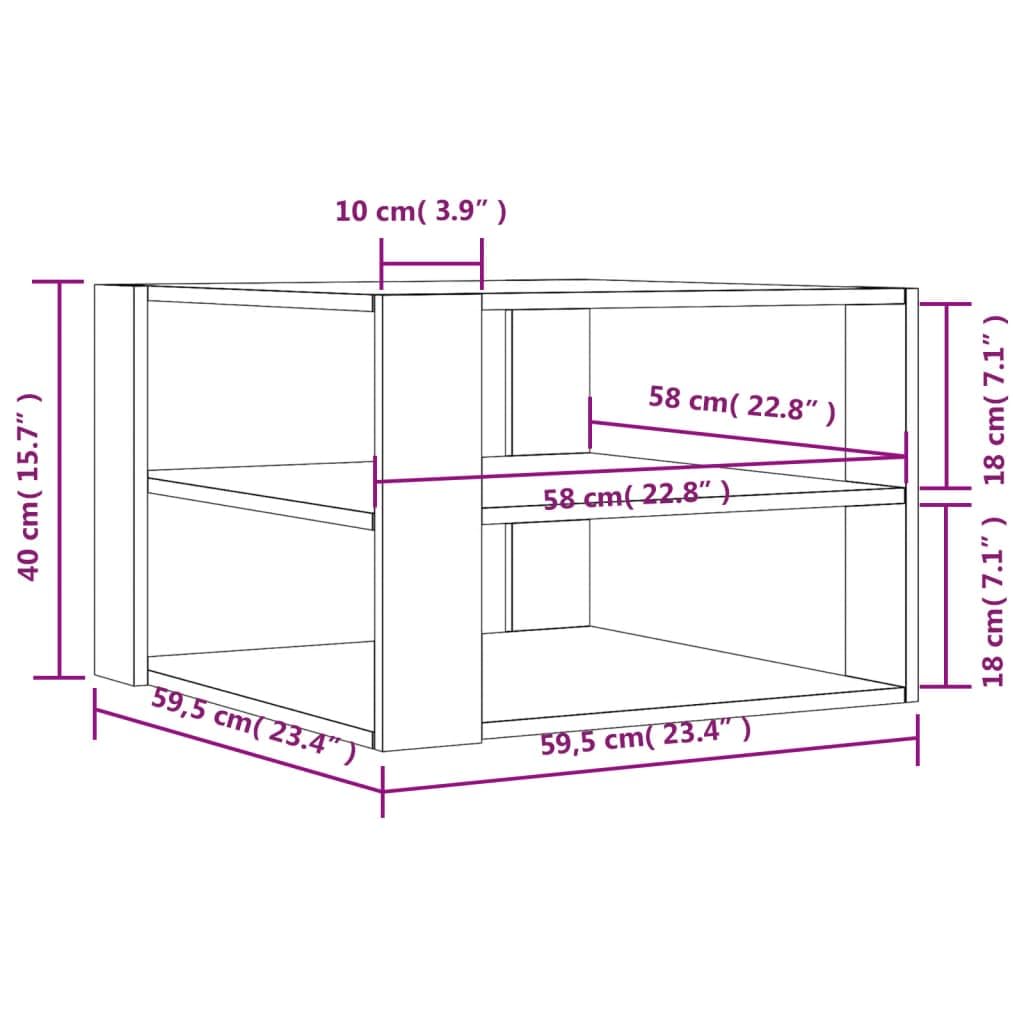 Mesa de centro de roble ahumado, 59,5 x 59,5 x 40 cm, material de madera, estante de 3 niveles, mesa de salón para bebidas, aperitivos, artículos decorativos, resistente a la humedad