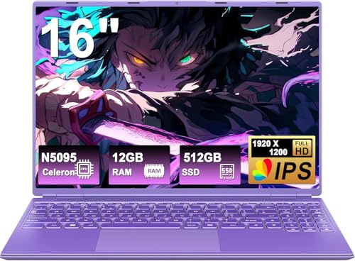 HUQPPQ 16 Inch Gaming Laptop, Celeron N5095 (Up to 2.9GHz), 12GB RAM 512GB SSD, FHD 1920×1200 IPS Display, 1TB Expandable Storage, WiFi 6, Win11 Pro, Type C, Portable Purple Laptop for Work & School
