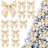 JOLCEEY 12 Stück Schleifen Weihnachten Gold, Schleife Weihnachtsbaum Glitzer Schleifen Weihnachtsbaumschmuck für Weihnachtskranzdeko DIY Handwerk Geschenke Deko Familienfeiern Party Dekoration