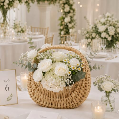 Image of Taiyin 1 Pack Flower Girl Basket with Handle, 8.27 x 9.06 x 6.3 Inch | Rattan Basket Half Moon Straw Wicker, Ideal for Wedding Flower, Petals, Confetti, Candy & Gifts, Picnic, Garden Storage Decor