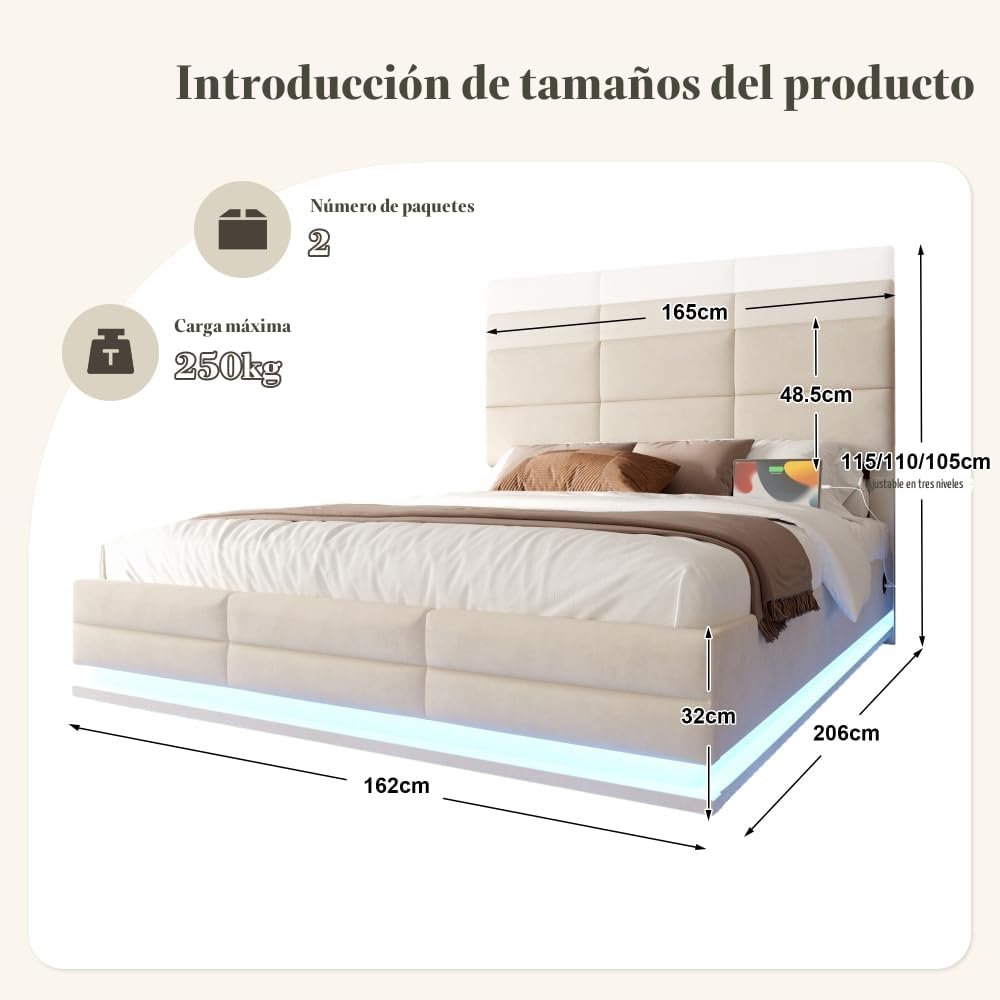 Lubvtti Cama acolchada con LED y puertos USB & TypeC, cama de matrimonio con contenedor hidráulico y cabecero regulable en altura, cama de matrimonio con canapé, terciopelo (beige, 160 x 200)