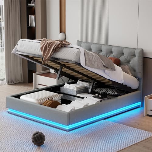 Tilly Lin Queen Size Upholstered Bed with Hydraulic Storage System and LED Light, Modern Platform Bed with Button-Tufted Design Headboard, Gray