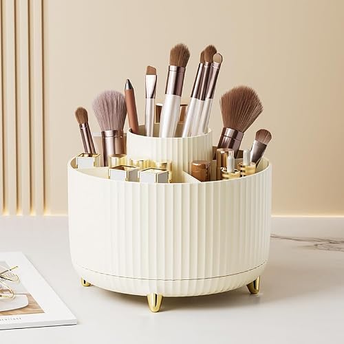 ginoya brothers Makeup Brush Holder Organizer,360° Rotating Makeup Brush Organizer,5 Slot Make up Brushes Cup for Cosmetics, Nail Polish, Art Supply, Bathroom Vanity Desktop Organizer. (CREAM)
