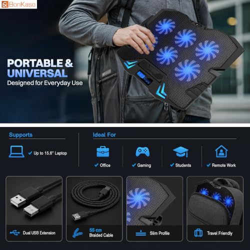 Image of Bonkaso Laptop Cooling Pad for Up to 15.6 Inch Laptops, 6 Blue LED Fans, 1900 RPM, Digital Display, 2 /4 /6 Fan Modes, 5-Level Adjustable Stand, Dual USB Extension, Iron Mesh, 21 dBA