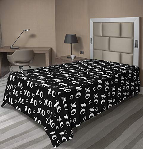 Ambesonne Abstract Flat Sheet, Internet Abbreviation Conceptual Theme XOXO Brush Stroked Lettering and Hearts, Soft Comfortable Top Sheet Decorative Bedding 1 Piece, Twin Size, Black White