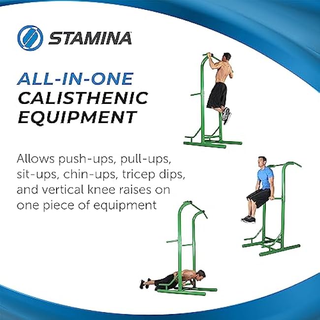 Stamina Pull Up Bar Tower & Dip Station, Free Standing Outdoor Home Gym Equipment, Green - Adjustable and Portable Workout Stand for Calisthenics Body Weight Training