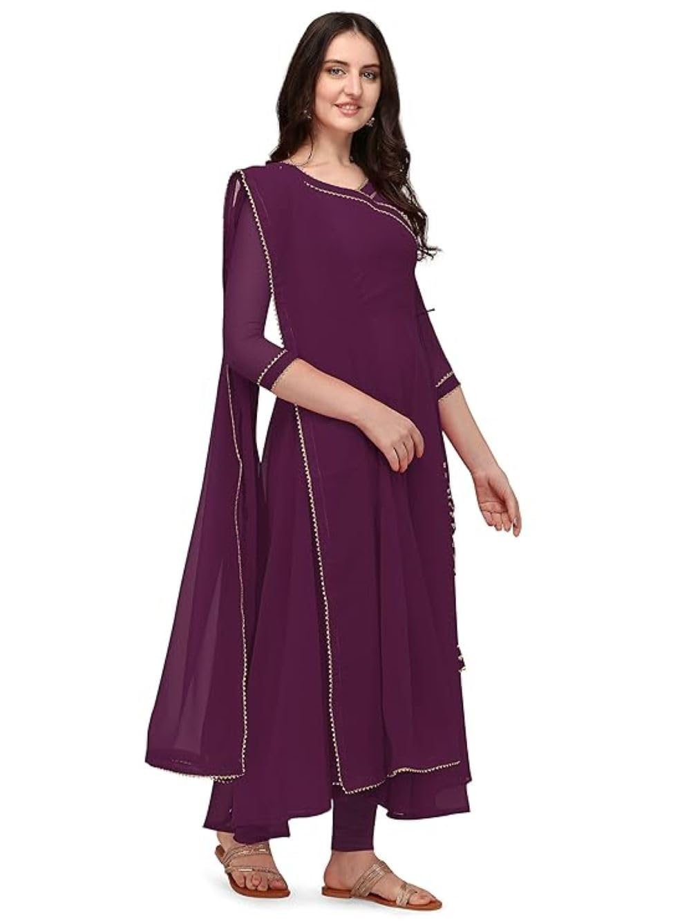 Estationeryhouse Women's Georgette Anarkali Kurta Kurti with Dupatta (Bottoms not included) (Small, Wine)