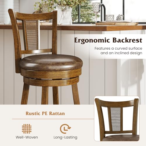 Butacos Giantex de 30 pulgadas, juego de 2 butacos giratorios para barra con respaldos de ratán PE, reposapiés y estructura de madera de caucho, tapizados en leathaire, estilo rústico para isla de cocina, comedor o pub, color marrón miniatura 5