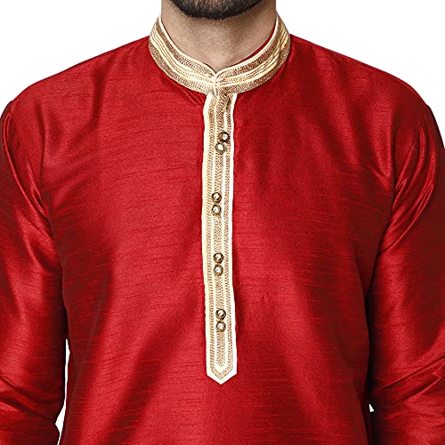 Image of SKAVIJ Men's Traditional Regular Fit Thread Work Ethnic Wear Kurta with Pajama Set red L