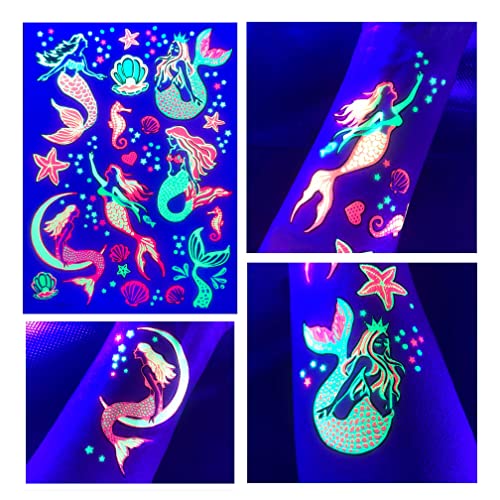 Temporary Tattoo-1 Sheet Princess Mermaid Sea Designs Uv Blacklight Reactive Glow In The Dark Party Tattoos #TOP3