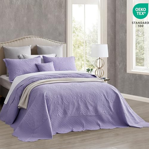 Image of HZ & HY Oversized Alaskan King Bedspread 138x122 Extra Wide, Embossed Damask Quilt Set, Lightweight Reversible Coverlet, Scalloped Edge - Soft Romantic Look, 5 Piece, Purple Lavender