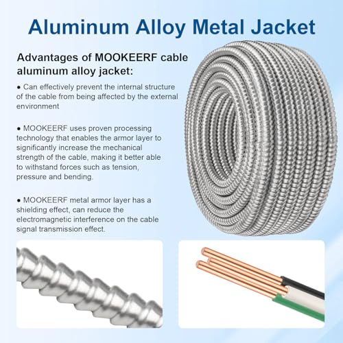 Image of 10 /2 MC Cable with Ground - 15FT Pure Copper 10AWG /2 Metal Clad Wire with Aluminum Armor 10 Gauge 2 Conductor Type MC Alum Cable