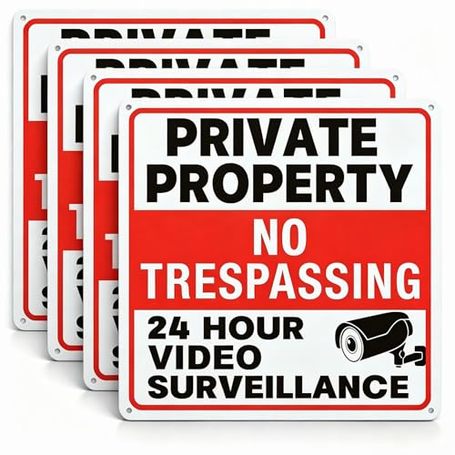 Image of 4 Pack No Trespassing Signs Private Property, Video Surveillance Sign | Reflective aluminum signs, which are weather - resistant and easy to install, are suitable for courtyards, gates and fences