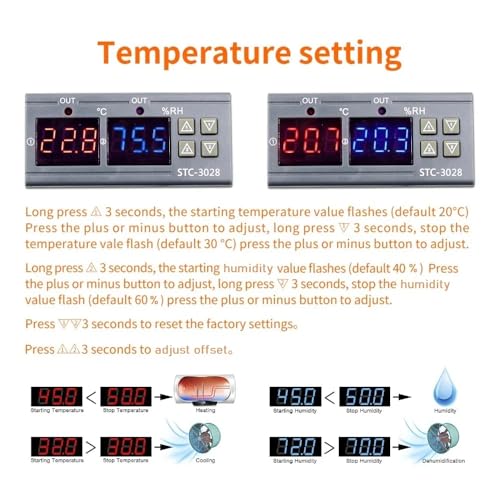 Image of STC-3028 Temperature and Humidity Controller 220V AC | Digital Thermostat and Hygrometer with Dual Relay Output | LED Display | Precise Control for Greenhouses, Incubators, Aquariums, and More