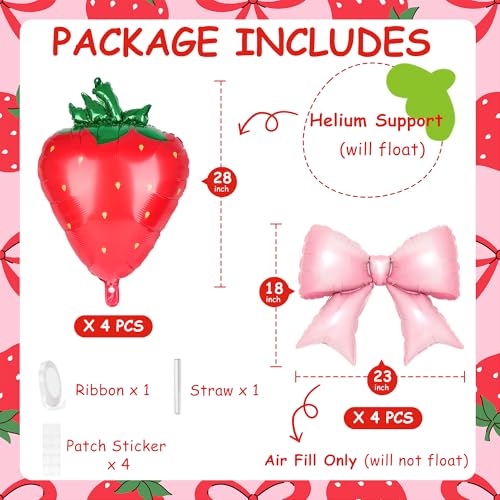 Image of Kriyokiaa 9 PCS Pink Bow and Red Strawberry Foil Balloons for Strawberry Birthday Decorations, Pink Bow Birthday Decorations, Berry First Birthday and Berry Sweet Girl Baby Shower Party Decor